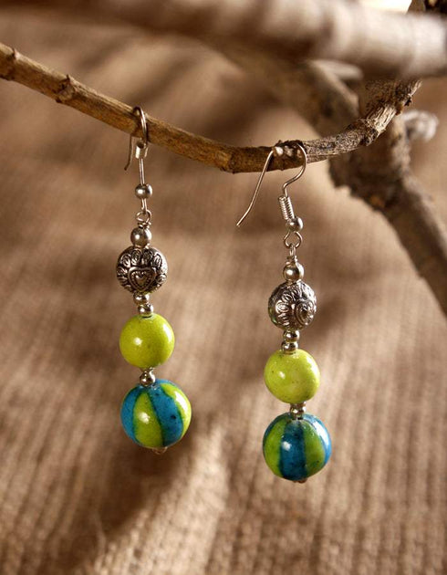 Blue Pottery 2 Bead Earring (Lime Green)
